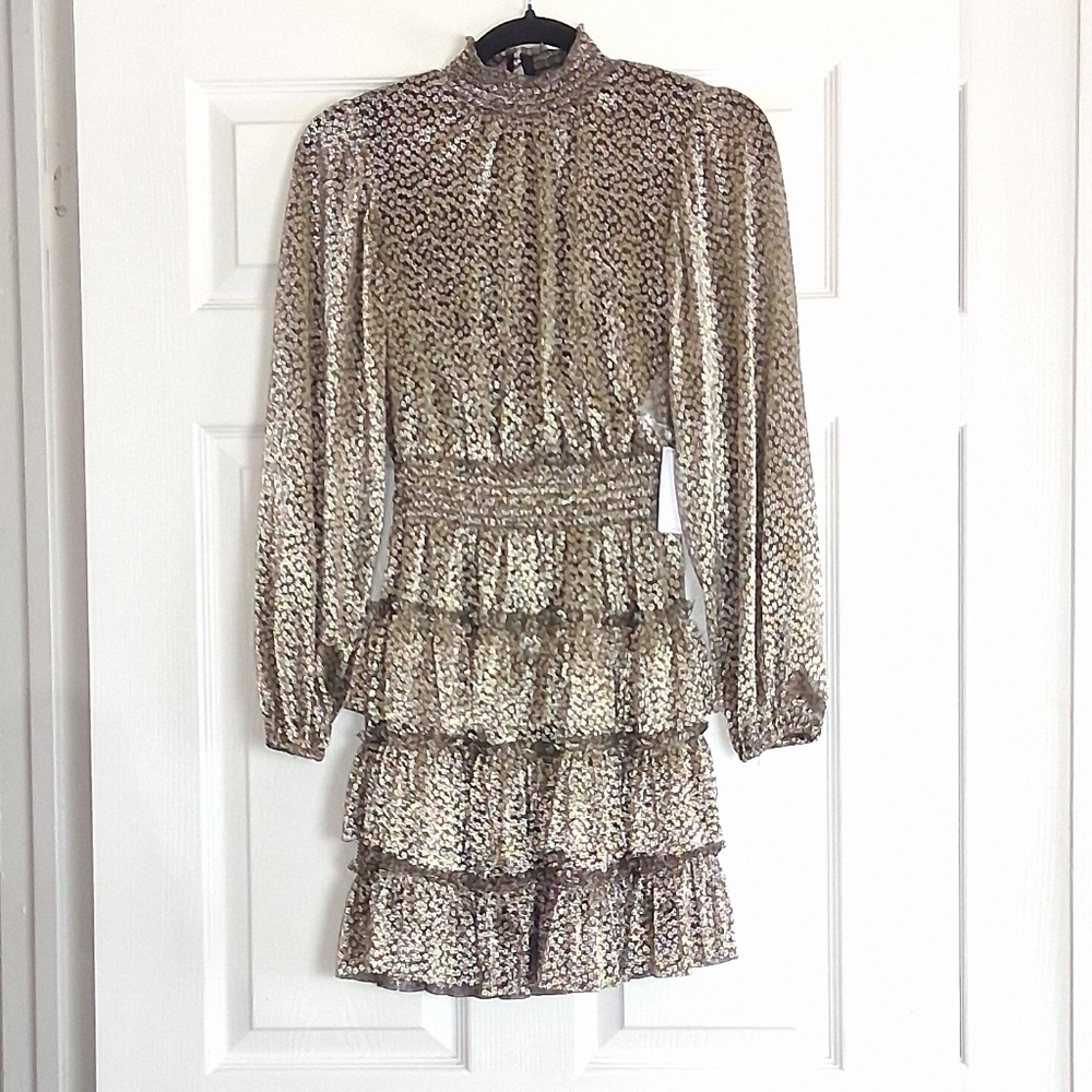1. State Gold Metallic Long Sleeve Mock Neck Smocked Waist Tiered Mini Dress